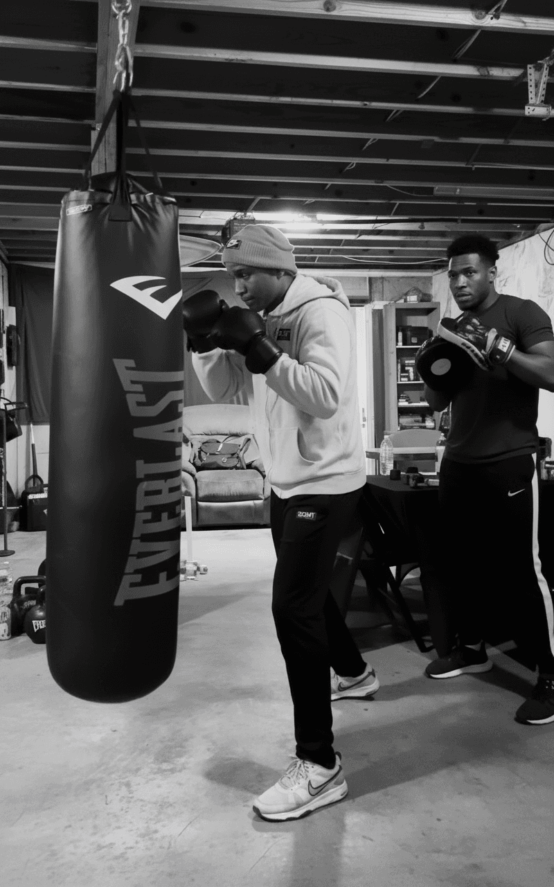 Man in a beanie boxes a heavy bag while a trainer watches in a basement.