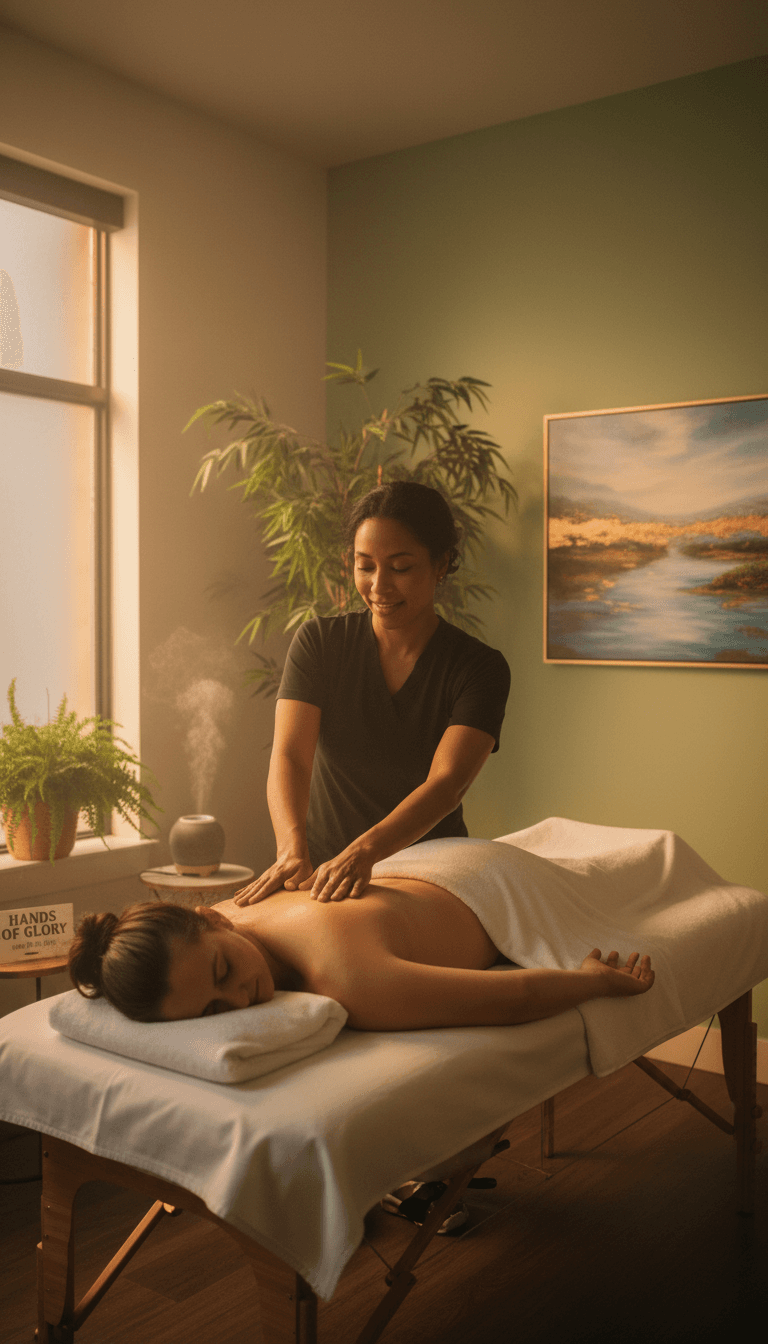 Therapist performing a calming massage in a serene spa setting.