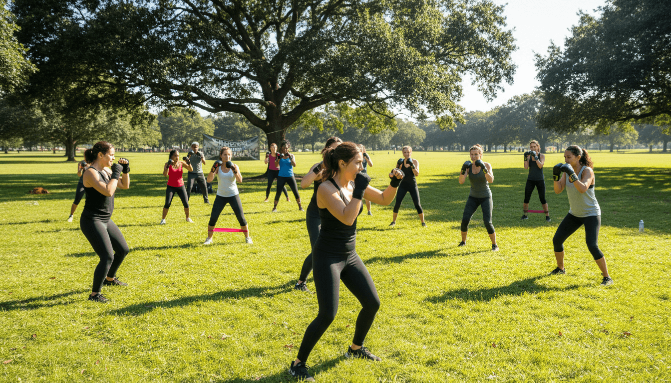 Diverse group in outdoor boxing class in a sunny park setting