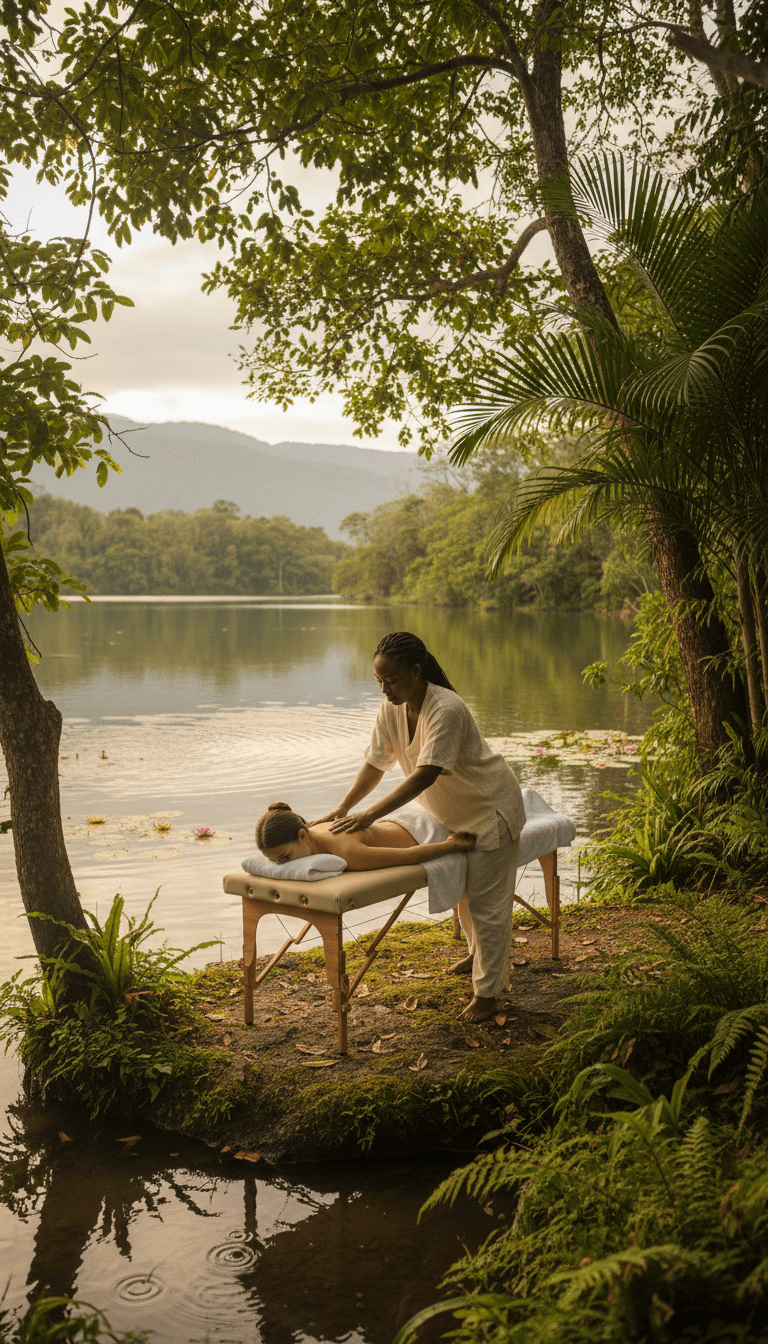 Outdoor therapeutic massage by a lake with a dark-skinned therapist, lush greenery, tranquil setting.
