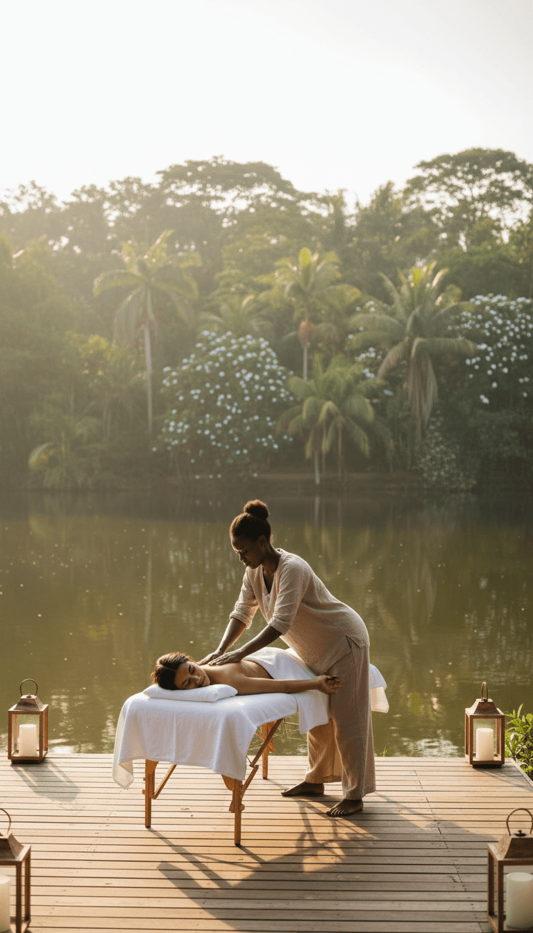 Therapist giving a massage by a calm lake with lush greenery and serene water.