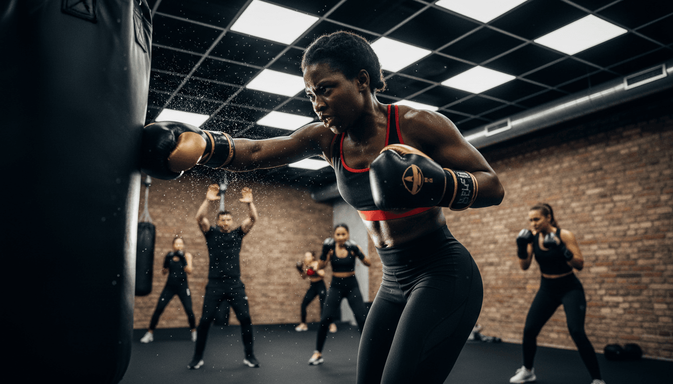 Diverse boxers training intensely with heavy bags in modern industrial gym studio with overhead lighting