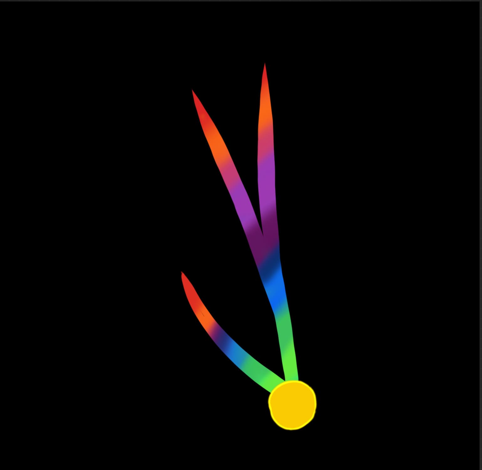 Three rainbow-colored pointed stalks emerge from a yellow circle against a solid black background.